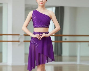 Conjunto de baile de un solo hombro con pedrería / Traje lírico morado / Ropa de actuación para mujer