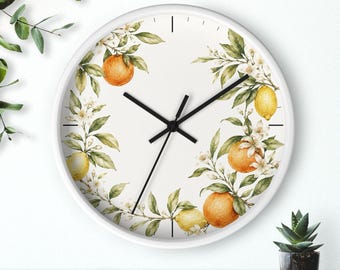 Modern Citrus Wall Clock, Wooden Clock, Mediterranean Wall Decor