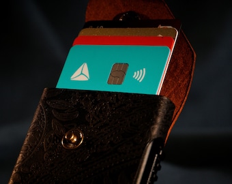 Tarjetero de cuero repujado hecho a mano, estuche delgado de aluminio con bloqueo RFID.