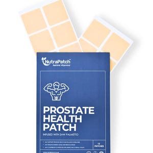 May include: A blue box of NutraPatch Prostate Health Patches with a white logo and text. The box is open, revealing several beige patches. The text on the box reads "Prostate Health Patch" and "Infused with Saw Palmetto."