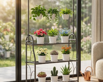 3 Tier Plant Stand with Hanging Rack Indoor Outdoor Plant Shelf Metal Plant Display Stand Flower Pot Organizer Garden Decor Shelf