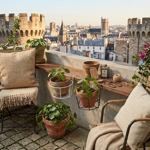May include: A rooftop garden with terracotta pots holding Pilea peperomioides plants, and hanging baskets. A wooden shelf displays a small bottle, scissors, and twine. Beige cushions and a blanket are on chairs.