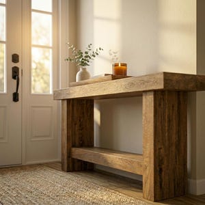 May include: A rectangular wooden console table with a thick top and a lower shelf. The table has a visible wood grain texture in a medium brown tone. A small white vase with green eucalyptus stems and a brown glass candle sit on the table surface.