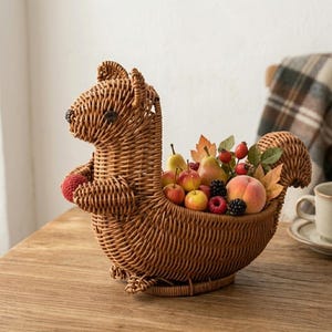 May include: A brown wicker squirrel-shaped basket filled with various fruits and autumn leaves. The basket has a red knitted paw and is sitting on a wooden surface. The basket is filled with apples, pears, berries, and a peach.