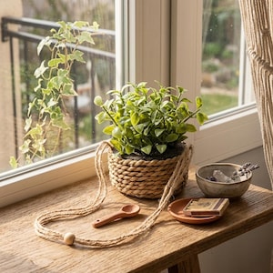 Peut inclure: Un petit pot de fleurs en osier avec une plante verte, suspendu par une corde. Une petite cuillère en bois et un bol en céramique avec de la lavande et des cristaux sont posés sur une surface en bois.