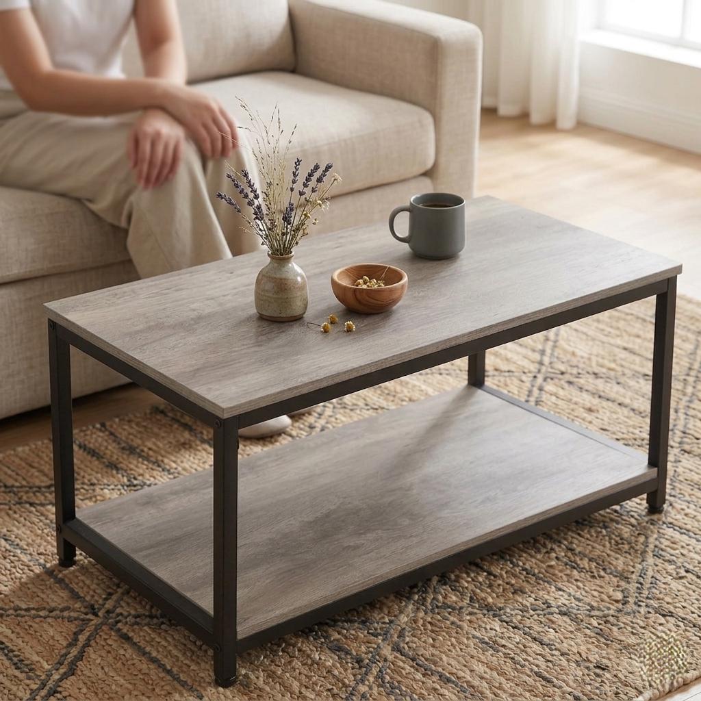 Table Basse Industrielle Avec Étagère De Rangement, Meubles Salon Modernes En Bois Et Métal