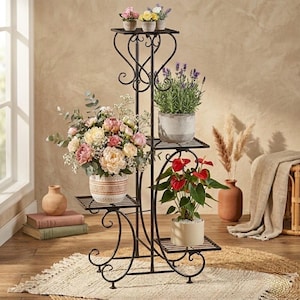 Soporte metálico de 4 niveles para plantas, estante multinivel para macetas, ideal para interiores y exteriores. Estante decorativo para plantas, perfecto para sala de estar, balcón, patio o jardín. Color negro.