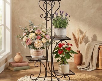 4 Tier Metal Plant Stand Indoor Outdoor Multi Level Flower Pot Rack Decorative Plant Shelf for Living Room Balcony Patio Black Garden
