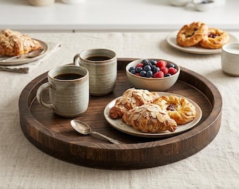 Rundes Holztablett 30 cm, rustikales Kaffeetischtablett, dekoratives Holztablett, Frühstückstablett, Bauernhausdekor