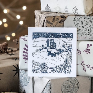 Corfe Castle Winter Szene Stempel für Grußkarten - Isle of Purbeck, Dorset Eco-Friendly Craft