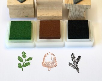 Woodland Foliage Rubber Stamp Set with ink pads | Botanical Stamp Set | Winter Stamps | Acorn Stamp
