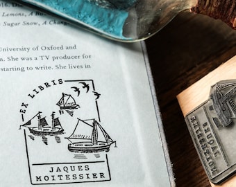 Personalized Ships in the Bay Ex Libris Rubber Stamp for Book Lovers | Custom Library Bookplate