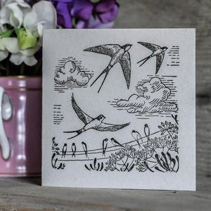 Rubberstempel zwaluwscène voor wenskaarten, natuurkunst, milieuvriendelijk handwerk van English Company