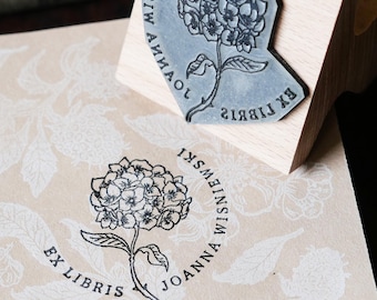 Individueller botanischer Hortensien Ex Libris Stempel: Personalisiertes Blumen Ex Libris für Leser und Bibliotheken