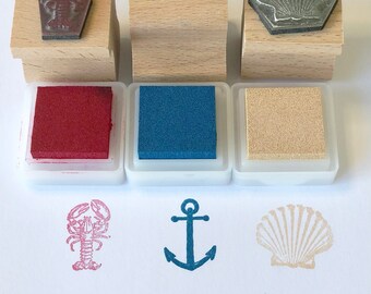 Nautical Trio Rubber Stamp Set | Anchor Stamp | Scallop Stamp | Lobster Stamp | Seaside Stamps | Coastal Stamp Set | Kid's Stamp Kit