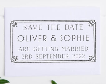 Etiqueta elegante Art Déco para anunciar la fecha de la boda / Sello de goma personalizado con diseño botánico