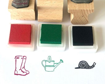 Garden Trio Rubber Stamp Set with ink pads | Wellies Stamp | Snail Stamp | Gardening Stamps | Allotment Stamps | Beginners Stamp Set