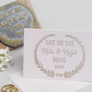 Elegant Grecian Wedding Save the Date Stamp - Personalized, Eco-Friendly Botanical Rubber Stamper