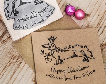 Personalised Christmas Card Dachshund Rubber Stamp | Custom Dog Stamp |  Happy Dog Christmas