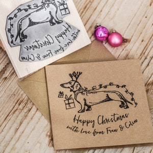 Tarjeta navideña personalizada con sello de goma de perro salchicha: regalo navideño personalizado para amantes de las mascotas.