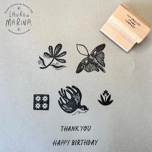 Lauren Marinaによる手作り野生動物グリーティングカード用ゴム印セット | Artistic Stationery Sentiments