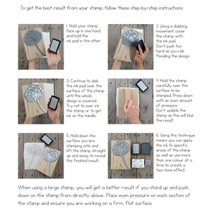 May include: Step-by-step instructions on how to use a rubber stamp. The image shows a hand holding a stamp and ink pad, and a close-up of the stamp being pressed onto a piece of paper. The text in the image reads: "To get the best result from your stamp, follow these step-by-step instructions."