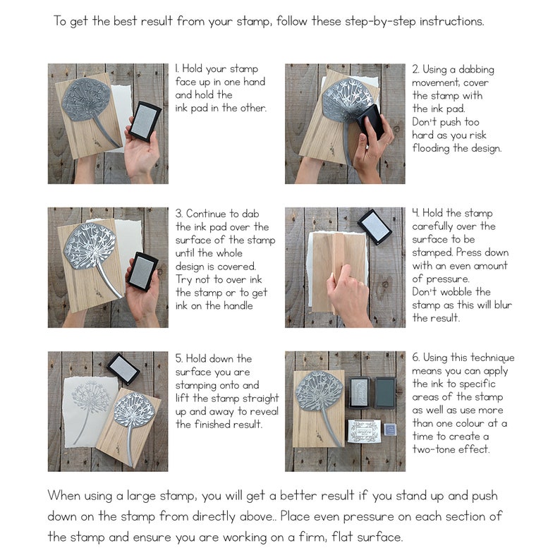 May include: Step-by-step instructions on how to use a rubber stamp. The image shows a hand holding a stamp and ink pad, and a close-up of the stamp being pressed onto a piece of paper. The text in the image reads: "To get the best result from your stamp, follow these step-by-step instructions."