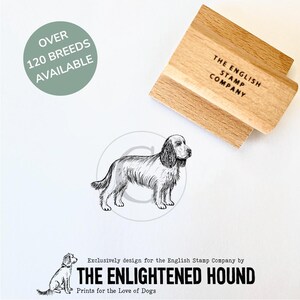 Könnte beinhalten: Schwarzweiß-Illustration eines Hundes, eines Cocker Spaniels, mit dem Text "THE ENLIGHTENED HOUND" und "Prints for the Love of Dogs" darunter. Der Text "OVER 120 BREEDS AVAILABLE" befindet sich in einem Kreis oben links. Ein Stempel aus Holz mit dem Text "THE ENGLISH STAMP COMPANY" befindet sich oben rechts.