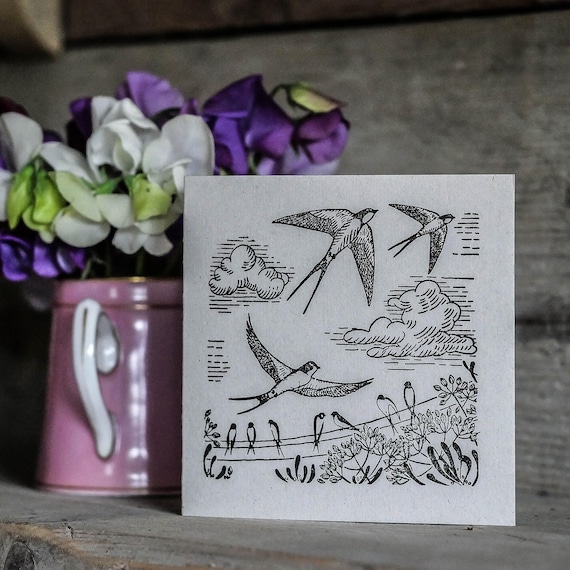 Swallow Scene Rubber Stamp for Greeting Cards, Wildlife Art, Eco-Friendly Crafting by English Company