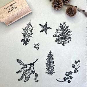 May include: A wooden stamp from The English Stamp Company featuring botanical designs such as holly, berries, a star, a pinecone, and mistletoe. The stamps are displayed on a neutral surface, with pinecones in the background.