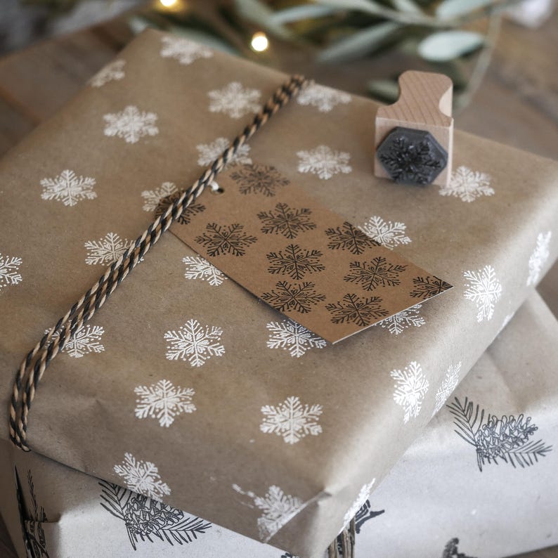 Wrapped Stamp Folk Snowflake Rubber Stamp – Hand Drawn Festive Stamp for Cards, Wrap ...