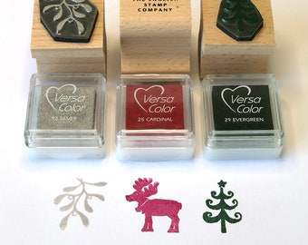 Traditional Christmas Rubber Stamp Set with ink pads | Christmas Card Stamp Set | Mistletoe Stamp | Reindeer Stamp | Christmas Tree Stamp
