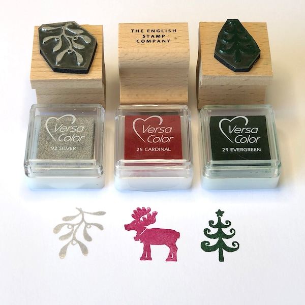 Traditional Christmas Rubber Stamp Set with ink pads | Christmas Card Stamp Set | Mistletoe Stamp | Reindeer Stamp | Christmas Tree Stamp