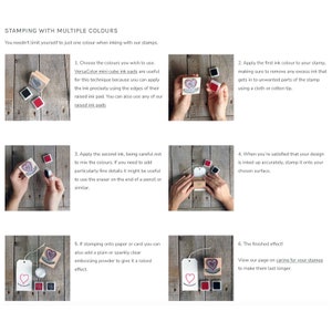 May include: A step-by-step guide on how to use multiple colours when stamping with rubber stamps. The guide shows how to apply ink to the stamp, how to remove excess ink, and how to stamp the image onto a surface. The guide also includes tips on how to add fine details and how to create a raised effect.