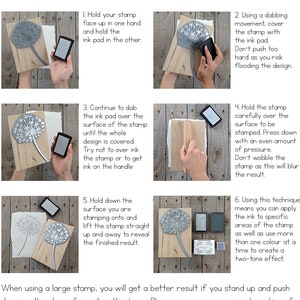 May include: Step-by-step instructions on how to use a rubber stamp. The instructions include how to ink the stamp, how to press the stamp onto a surface, and how to lift the stamp off the surface. The image shows a dandelion stamp and a wooden surface.