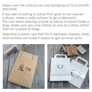 May include: Two paper bags with handles. One bag is brown with a stamp that says "Thanks for your order". The other bag is white with a stamp of antlers. Both bags are on a wooden surface.