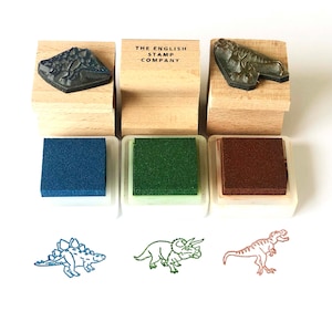 Trío de sellos de goma de dinosaurios: Estegosaurio, T-Rex, Brontosaurio para manualidades y creación de tarjetas para niños