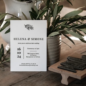 Elegante sello de goma botánico para invitaciones de boda, papelería sofisticada para exteriores, manualidades DIY hechas a mano.