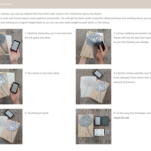 May include: Step-by-step guide for inking large stamps. The process includes holding the stamp and ink pad, dabbing the stamp, inking the stamp, and pressing the stamp onto a surface. The finished result is shown.