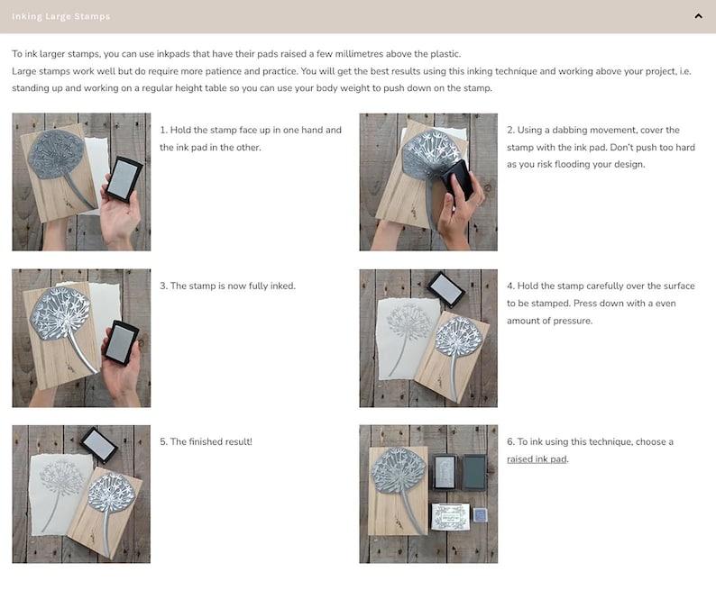 May include: Step-by-step guide for inking large stamps. The process includes holding the stamp and ink pad, dabbing the stamp, inking the stamp, and pressing the stamp onto a surface. The finished result is shown.