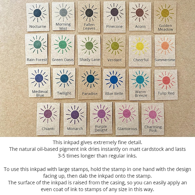 May include: A set of 20 ink pads for stamping, featuring a variety of colors and names like "Nocturne", "Morning Mist", "Fallen Leaves", "Pinecone", "Acorn", "Golden Meadow", "Rain Forest", "Green Oasis", "Shady Lane", "Verdant", "Cheerful", "Summertime", "Medieval Blue", "Twilight", "Paradise", "Blue Belle", "Warm Breeze", "Tulip Red", "Chianti", "Monarch", "Purple Delight", "Glamorous", and "Charming Pink".