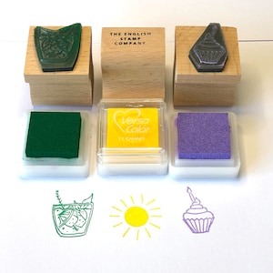 Kit di timbri in gomma per feste: Cupcake, Sole, Gin & Tonic con tamponi d'inchiostro / Set per lavoretti per feste