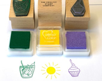 Celebration Rubber Stamp Set with ink pads | Cupcake Stamp | Sunshine Stamp | Sun Stamp | Gin & Tonic Stamp | Rubber Stamp Kit