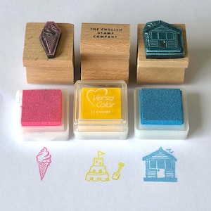 Beach-Themed Seaside Rubber Stamp Set with Ink Pads: Ice Cream, Sand Castle and Hut for Kids Crafts & Card Making