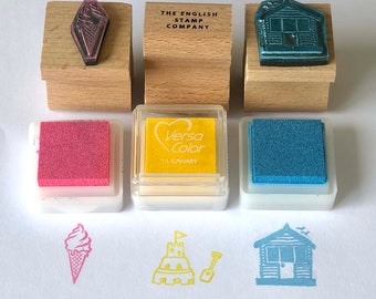 Seaside Trio Rubber Stamp Set with ink pads | Beach Stamps | Ice Cream Stamp | Kids Stamp Set | Children's Stamps | Coastal Stamps