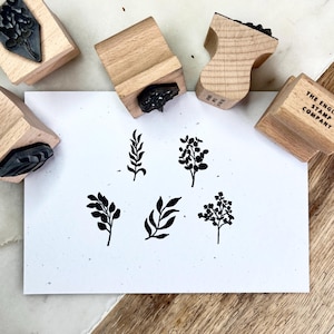 May include: A collection of wooden stamps featuring botanical designs, such as leaves and branches, alongside their black ink impressions on white paper. The stamps have wooden handles, with "THE ENGLISH STAMP COMPANY" printed on one.