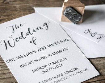 Gepersonaliseerde kalligrafie bruiloft briefpapier stempelset: uitnodigingen, bewaar deze datum, milieuvriendelijk