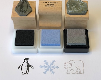 Polar Christmas Rubber Stamp Set with ink pads | Polar Bear Stamp | Penguin Stamp | Snowflake Stamp | Eco Friendly Stamps