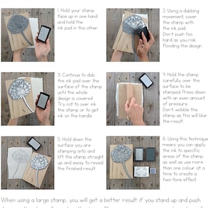 May include: Step-by-step instructions on how to use a rubber stamp. The instructions include how to ink the stamp, how to press the stamp onto a surface, and how to lift the stamp off the surface. The image shows a dandelion stamp and a wooden surface.