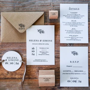 Colección de sellos de goma personalizados para papelería botánica de boda: elegantes diseños en tonos oliva y lavanda